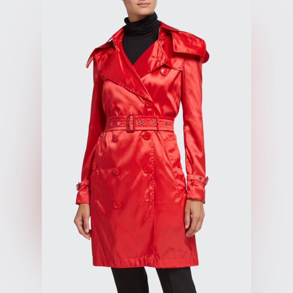 Burberry Red Kensington Nylon Hooded Trench Coat Size 4